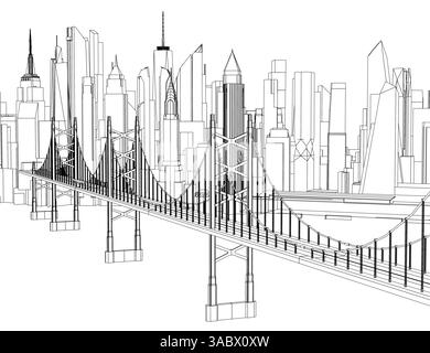 Une ligne d'horizon de la ville avec un pont au milieu. Le pont est un pont suspendu avec une grande arche. La ville est pleine de grands bâtiments et le pont est Illustration de Vecteur
