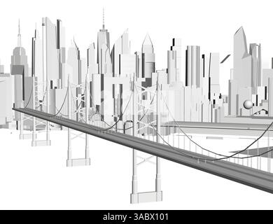 Une ligne d'horizon de la ville avec un pont au milieu. Le pont est un pont suspendu avec une grande arche. La ville est très haute et a de nombreux bâtiments Illustration de Vecteur