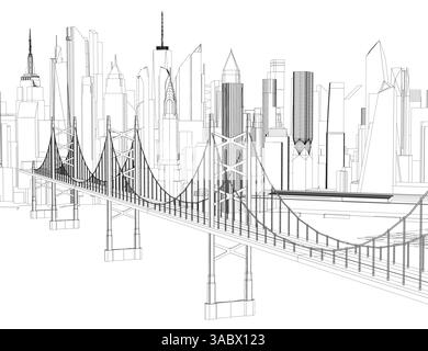 Une ligne d'horizon de la ville avec un pont au milieu. Le pont est un pont suspendu avec beaucoup de détails Illustration de Vecteur