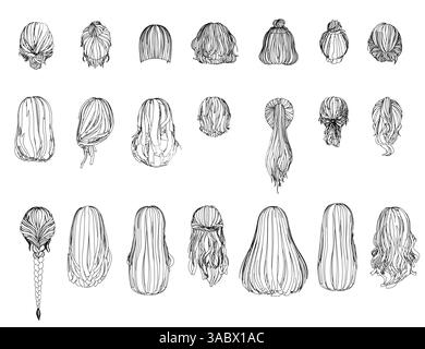 Une série de dessins de différentes coiffures. Les dessins sont tous en noir et blanc. Les dessins sont de différents styles, y compris droit, bouclé, et Illustration de Vecteur