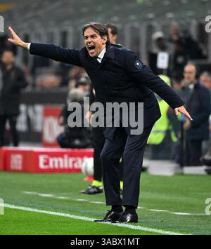 (250403) -- MILAN, 3 avril 2025 (Xinhua) -- Simone Inzaghi, entraîneur-chef de l'Inter Milan, fait face au match de demi-finale de la Coupe d'Italie entre l'AC Milan et l'Inter Milan à Milan, Italie, en avril. 2, 2025. (Photo Alberto Lingria/Xinhua) Banque D'Images