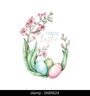 Illustration aquarelle avec jacinthe, œufs de Pâques et joyeuses Pâques Banque D'Images