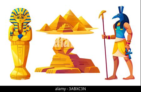 Symboles de la culture égyptienne antique isolés sur fond blanc. Illustration vectorielle de bande dessinée de tombeau de pharaon antique, pyramides de pierre, monument de sphinx, caractère anubis, éléments de musée archéologique Illustration de Vecteur