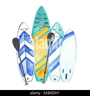 Groupe de stands de paddleboards gonflables à l'aquarelle avec des pagaies noires, illustration dessinée à la main de panneau de paddle stand up lumineux, bleu et orange SUP an Banque D'Images