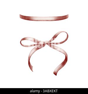 Noeud de ruban de soie en couleur cerise oxydée. Illustration aquarelle avec des plis réalistes et un éclat satiné, isolé sur blanc. Pour les emballages de luxe Banque D'Images