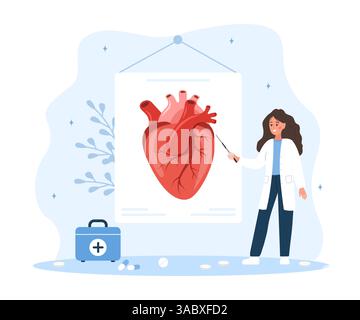 Concept cardiologue. Diagnostic et traitement médicaux cardiaques. Maladies cardiovasculaires et soins de santé. Médecin féminin. Illustration vectorielle plate Illustration de Vecteur