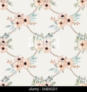 Motif aquarelle sans couture avec deux bouquets avec des anémones sur une couleur rose pêche, différentes branches d'eucalyptus sur une couleur sauvage liée avec de la perle Banque D'Images