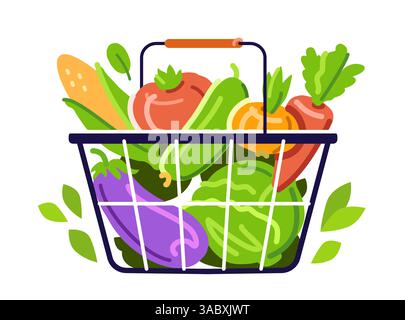 Légumes frais dans un panier en métal. Aliments sains biologiques en magasin. Sac d'épicerie, dessin animé plat Illustration de Vecteur