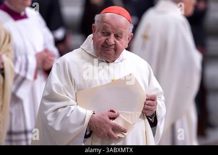 Cité du Vatican, Vatican, 2 avril 2025. Le cardinal Stanisaw Dziwisz, ancien secrétaire du pape Jean-Paul II, assiste à une messe, célébrée par le cardinal Pietro Parolin, à l'occasion du 20e anniversaire de la mort de Saint Jean-Paul II dans la basilique Pierre au Vatican. Maria Grazia Picciarella/Alamy Live News Banque D'Images