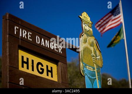 28 juin 2007 - Ojai, CA, USA - la Californie du Sud marquera une étape importante que peu de gens célèbrent. L'histoire montrera que du 1er juillet 2006 au 30 juin de cette année, seulement 3,21 pouces de pluie sont tombés dans le centre-ville de Los Angeles, le niveau de précipitations le plus bas depuis que les records ont commencé à être conservés dans les années 1880 D'autres villes de la région, notamment Pasadena, Culver City, Anaheim et Riverside, établiront également des records de tous les temps. SUR LA PHOTO : un panneau près de l'entrée de la forêt nationale Los Padres indique un risque élevé d'incendie après la mise en œuvre d'une surveillance météo incendie. (Crédit image : © Grant T Morris/ZUM Banque D'Images