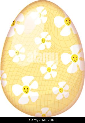 Oeuf de Pâques jaune rétro avec vecteur de fleurs smiley Illustration de Vecteur