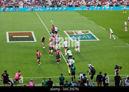 Match de rugby, Championnat de France de rugby masculin, Top 14, Reale Arena, stade municipal d'Anoeta, site sportif situé à San Sebastián, Gipuzkoa, Bas Banque D'Images