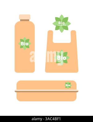Ensemble d'emballage biodégradable. Respectueux de l'environnement. Boîte, bouteille, emballage, conteneur pour la livraison, nourriture à emporter, isolé sur fond blanc. Illustration vectorielle Illustration de Vecteur