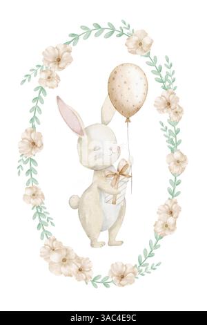 Illustration aquarelle d'un lapin debout tenant un cadeau et un ballon à l'intérieur d'une couronne florale. Conception de lapin dessiné à la main pour les cartes de voeux de douche de bébé, les invitations d'anniversaire et les affiches de pépinière. Banque D'Images