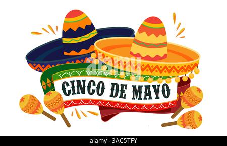 Bannière de vacances Cinco de Mayo avec sombrero et maracas, isolé sur fond blanc transparent. 5 de Mayo ou le 5 mai. Célébration mexicaine v Illustration de Vecteur