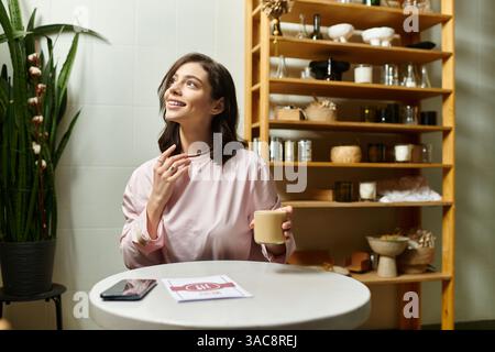Une jolie jeune femme sirote son café, profitant d'un moment de calme dans un café branché. Banque D'Images