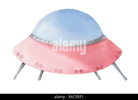 Navire OVNI peint à la main dans les tons rouges et bleus isolé sur un fond blanc. Aquarelle illustration espace cosmique Banque D'Images