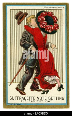 Original américain anti-suffragette postcrard, 'vote Getting the Easy Way' publié en 1909 par Dunston-Weiler Lithograph Co, suffragette series no.4. Daté / posté le 10 octobre 1910 de St Maries Idaho, USA. Banque D'Images