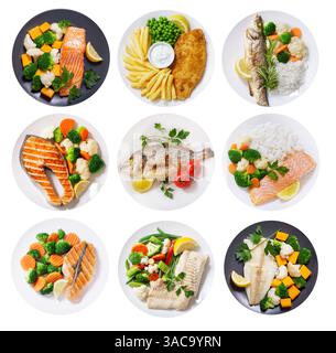Ensemble de plaques de repas de poisson isolé sur fond blanc, vue de dessus Banque D'Images