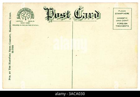 Revers de la carte postale couleur originale américaine du début des années 1900, divisée, non postée, non écrite. Carte postale publiée par la Hartford News Company, Hartford, Conn. imprimé aux États-Unis. Connecticut, Nouvelle-Angleterre, États-Unis. circa 1910. Banque D'Images