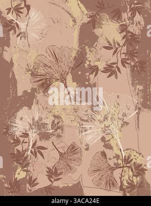 Fond abstrait, illustration avec des feuilles de ginkgo et de bambou dans Mocha mousse 2025 couleur de l'année vecteur Illustration de Vecteur