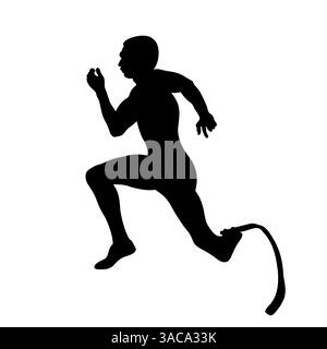 athlète coureur avec sa jambe prothétique en cours d'exécution, silhouette noire sur fond blanc Banque D'Images