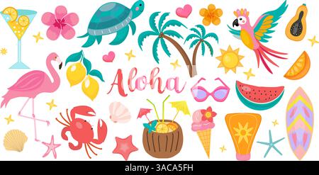 Ensemble de vecteur d'été tropical avec des illustrations juteuses dessinées à la main. Comprend accessoires de plage, cocktails, fruits, flamant rose, crabe, palmiers, crème solaire Illustration de Vecteur