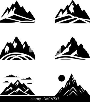Cet ensemble de six icônes stylisées de montagne présente diverses chaînes de montagnes sur fond blanc Illustration de Vecteur