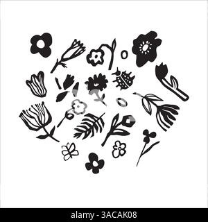 Ensemble de doodle fleuri abstrait dessiné à la main. Illustration de Vecteur