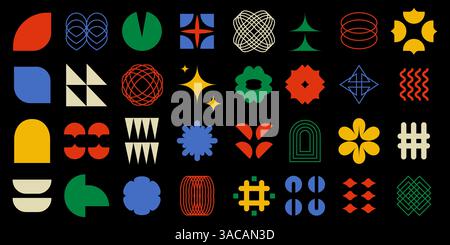 Ensemble de figurines groovy à la mode. Collection de formes géométriques brutalistes. Éléments de design rétro funky y2k. Ensemble géométrie contemporaine Bauhaus pour couverture, affiche Illustration de Vecteur