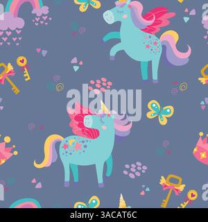 Motif licorne magique pour enfants. Joli ornement sans couture dessiné à la main avec des licornes, des clés magiques, des papillons. Texture vectorielle pour la literie des enfants, tissu, wa Illustration de Vecteur