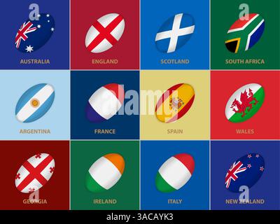 12 drapeaux dans le style d'un ballon de rugby. Drapeau des participants du Concours Rugby U20 sur fond de couleur. Illustration de Vecteur