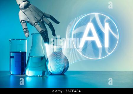 Intelligence artificielle. Main de robot et verrerie de laboratoire sur fond de couleur Banque D'Images