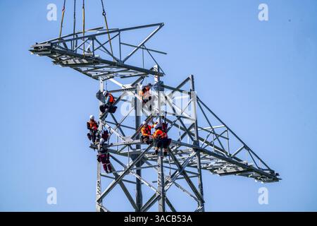 Installateurs érigeant une tour en treillis d'acier dans le cadre d'une ligne à très haute tension de 380 KV entre Wesel et Duesseldorf pour augmenter la capacité de transmission Banque D'Images
