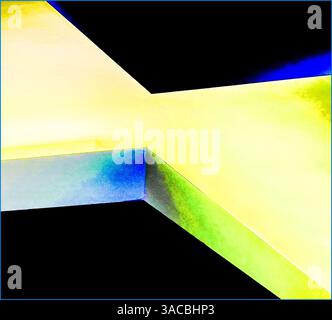 Des formes géométriques lumineuses s'entrelacent dans des tons jaunes, bleus et verts saisissants, créant un contraste captivant sur un fond sombre, évoquant un sens Banque D'Images