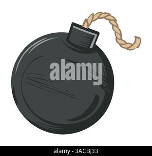 Icône plate de bombe de dessin animé noir. Représente une arme explosive dangereuse. Design simple isolé sur un fond blanc, idéal pour les panneaux d'avertissement, les jeux, Illustration de Vecteur