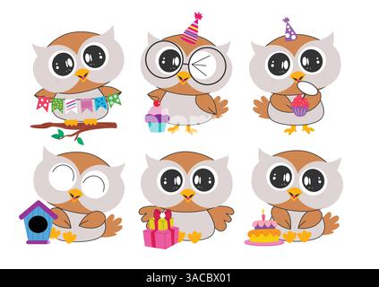 Ensemble de dessin clipart de personnage d'anniversaire hibou. Chouette chouette dans la collection d'art clip icône plate pour la célébration de fête de fête avec drapeau festif, cupcake, gâteau, Illustration de Vecteur