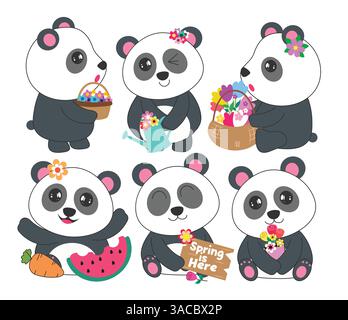 Jeu de dessin de clipart de personnage de printemps de Panda. Mignon ours animal icône clip art collection dans le sourire heureux et adorable avec panier de fleurs, bouquet Illustration de Vecteur