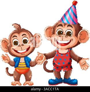 Deux singes de dessin animé joyeux habillés dans des tenues de fête colorées, mettant en valeur des couleurs vives et des expressions ludiques Illustration de Vecteur