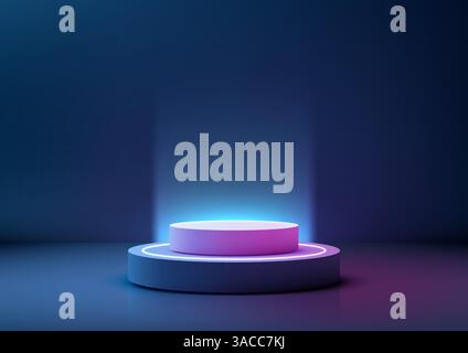 podium vibrant de cylindre de néon violet et bleu 3d sur un fond dégradé sombre, maquettes de technologie, présentoirs de produits et showcas futuristes Illustration de Vecteur