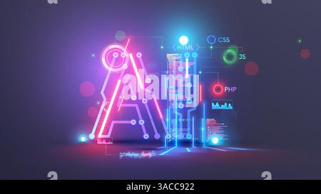 Logo AI. Fond conceptuel de la technologie abstraite avec des lettres ai. Le texte AI se compose de pcb, signaux électroniques, texte de programmes de code, langua d'ordinateur Illustration de Vecteur