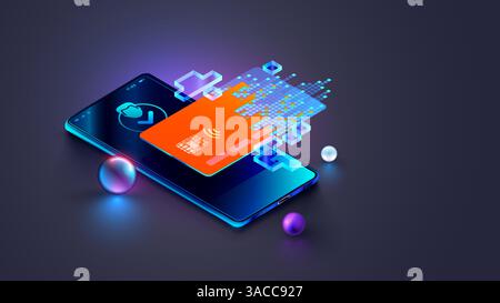 Carte bancaire virtuelle. Téléphone mobile isométrique, application bancaire sur Internet, carte. Transaction de sécurité de paiement en ligne par carte de crédit. Achats de services payants sans fil Illustration de Vecteur
