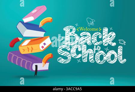 Design de bannière clipart de salutation de retour à l'école. Bienvenue de retour à l'école salutation clip art modèle de carte de bannière en fond vert avec dessin coloré Illustration de Vecteur