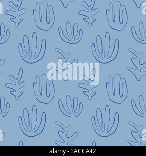 Motif sans couture de silhouette d'algues sur fond blanc. Illustration de gribouillage dessinée à la main. Vacances d'été de la vie marine sous-marine. Algues bleues, algues Illustration de Vecteur
