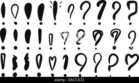 Jeu de styles d'esquisse avec point d'exclamation et d'interrogation. Questions à l'encre dessinées à la main et icônes d'accent. Groupe de signes de ponctuation de différentes variations Illustration de Vecteur