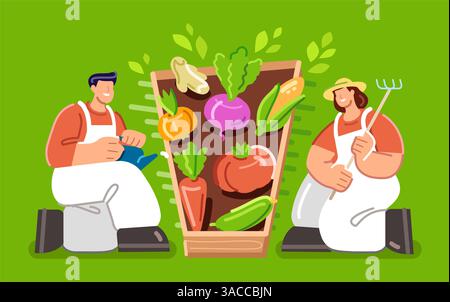 Les travailleurs agricoles cultivent des aliments sains biologiques. Concept de jardinage et de culture des plantes. Les agriculteurs travaillent dans le potager Illustration de Vecteur