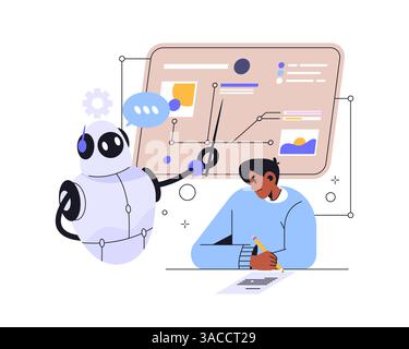 Conception vectorielle pour apprendre en ligne, concept d'étude. Intelligence artificielle ou illustration pédagogique IA pour l’éducation numérique. Robot pour l'étude et l'analyse. Illustration de Vecteur