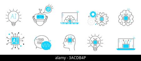 Icônes de ligne représentant divers aspects de l'intelligence artificielle IA, y compris la cybernétique, l'apprentissage automatique, la robotique, la résolution de problèmes d'IA Illustration de Vecteur
