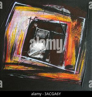 Illustration d'Art abstrait moderne original - peinture contemporaine - format carré - Noir Rouge et jaune couleurs - expressif Banque D'Images