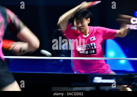 Chennai, Inde. 30 mars 2025. OH Jun-sung, 18 ans, a triomphé du concurrent français Thibault Poret dans un match en simple masculin de sept matchs Banque D'Images